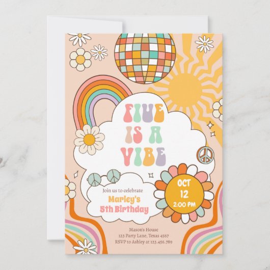 Vijf is een Vibe Groovy Retro 70s Rainbow 5 Verjaa Kaart (Voorkant)