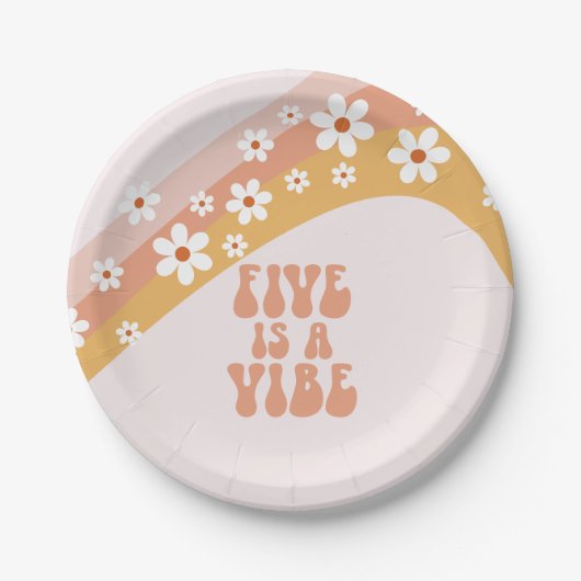 Vijf is een Vibe Groovy Retro Rainbow 5e verjaarda Papieren Bordje (Voorkant)