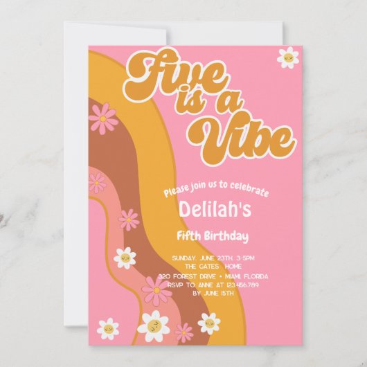 Vijf is een vibe, groovy retro verjaardag kaart (Voorkant)