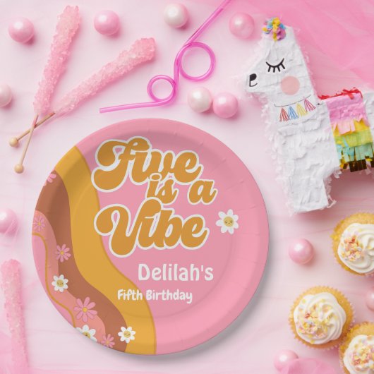 Vijf is een  vibe, groovy retro verjaardag papieren bordje (Feest)