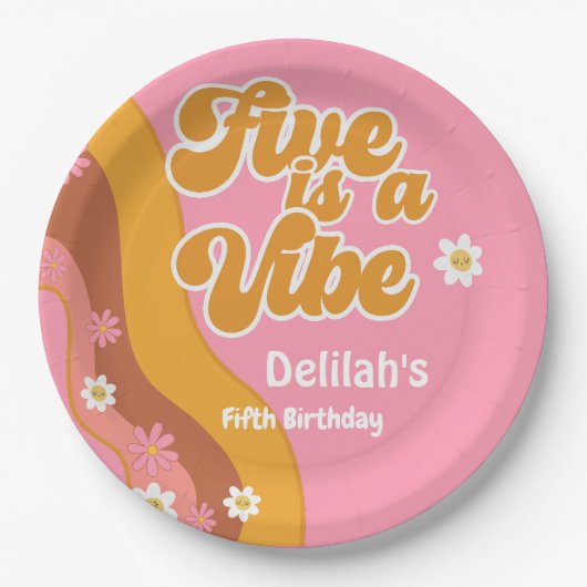 Vijf is een  vibe, groovy retro verjaardag papieren bordje (Voorkant)