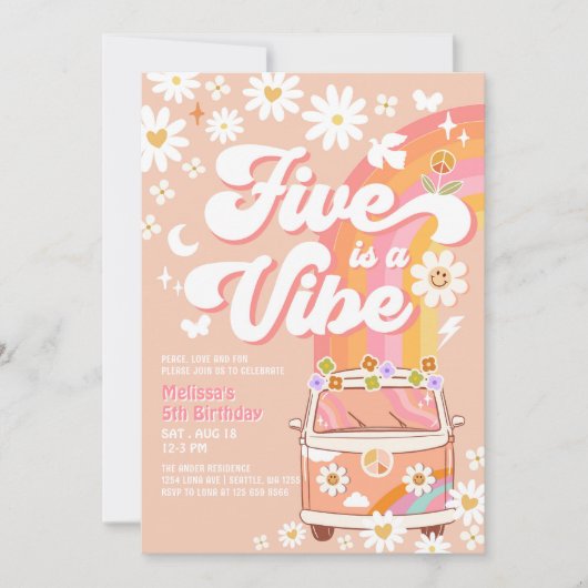 Vijf is een vibe meisje roze perzik groovy 5e verj kaart (Voorkant)