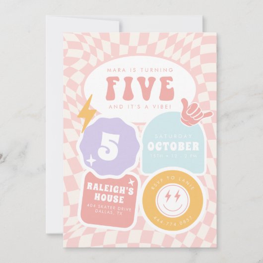 Vijf is een vibe | Meisjes 5e Retro Skater Verjaar Kaart (Voorkant)