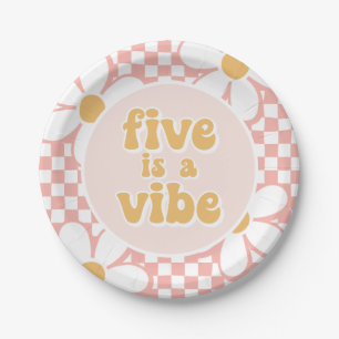 Vijf is een Vibe Pink Daisy Checker Papieren Bordje