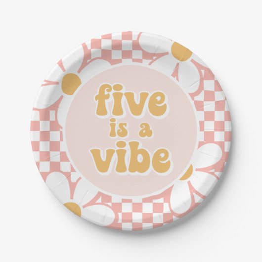 Vijf is een Vibe Pink Daisy Checker Papieren Bordje (Voorkant)
