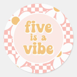 Vijf is een Vibe Pink Daisy Checker Ronde Sticker