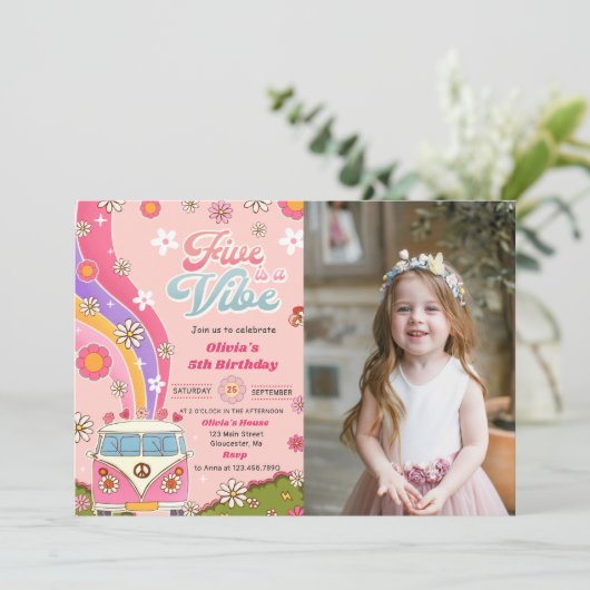 Vijf is een Vibe Rainbow Floral 5e verjaardag foto Kaart (Staand voorkant)