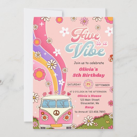 Vijf is een Vibe Rainbow Floral 5th Birthday Party Kaart (Voorkant)