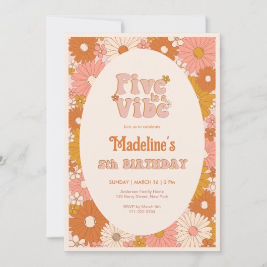 Vijf is een Vibe Retro Daisy Meisje 5e Verjaardag Kaart (Voorkant)