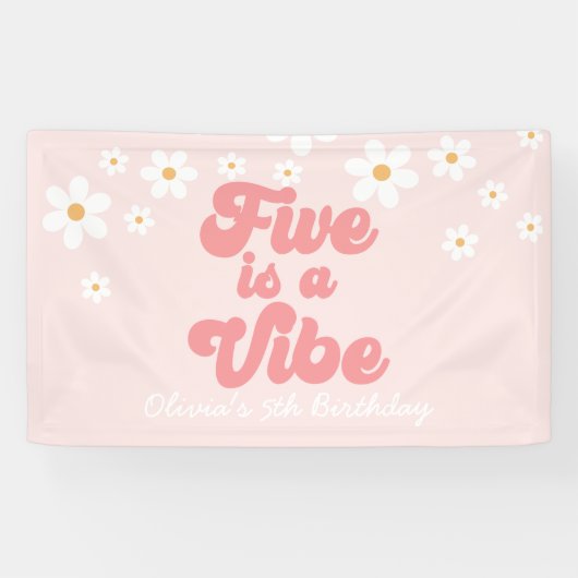 Vijf is een Vibe Retro Daisy Pink 5e verjaardag Spandoek (Horizontaal)