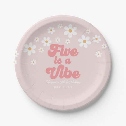 Vijf is een Vibe Retro Daisy Pink vijfde verjaarda Papieren Bordje (Voorkant)