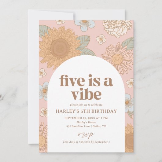 Vijf is een Vibe Retro Floral 5e verjaardag Kaart (Voorkant)