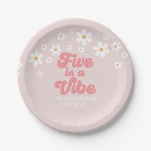 Vijf is een Vibe Retro Madeliefje Roze 5de verjaar Papieren Bordje