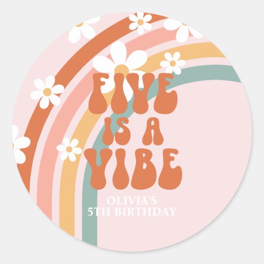 Vijf is een Vibe Retro regenboog 5e verjaardag Ronde Sticker (Voorkant)