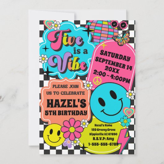 Vijf is een Vibe Retro Smile Groovy verjaardagsfee Kaart (Voorkant)