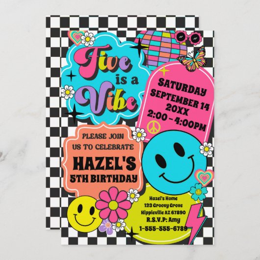 Vijf is een Vibe Retro Smile Groovy verjaardagsfee Kaart (Voorkant / Achterkant)