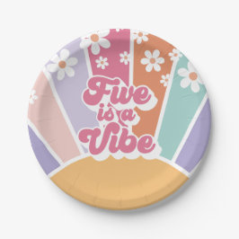 Vijf is een Vibe Retro Sunshine Rainbow Daisy Papieren Bordje