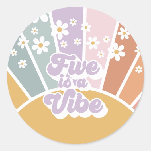 Vijf is een Vibe Retro Sunshine Rainbow Daisy Ronde Sticker (Voorkant)