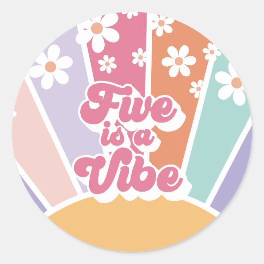 Vijf is een Vibe Retro Sunshine Rainbow Daisy Ronde Sticker (Voorkant)