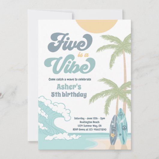 Vijf is een 'Vibe Retro Surf Beach Birthday' Kaart (Voorkant)