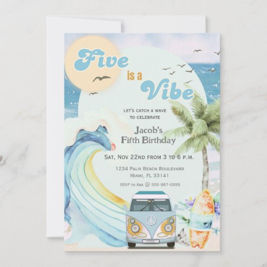 Vijf is een Vibe Surf Beach Retro vijfde verjaarda Kaart (Voorkant)