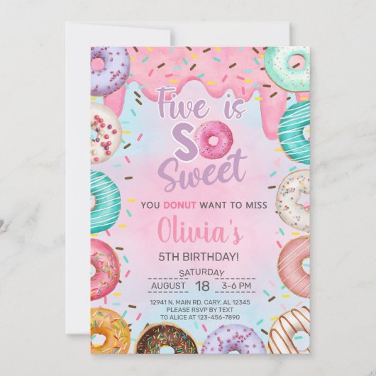 Vijf is Lief meisje 5e verjaardag uitnodiging donu (Voorkant)