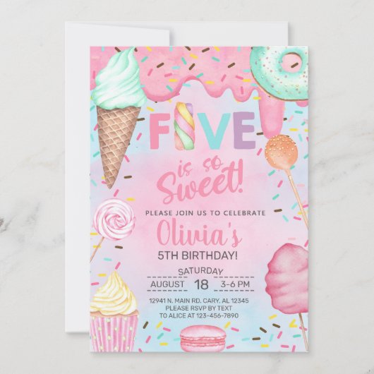 Vijf is zo lief meisje 5e verjaardag uitnodiging. kaart (Voorkant)