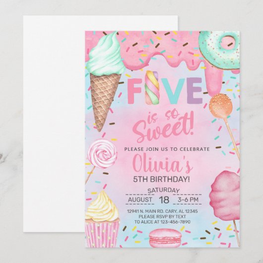 Vijf is zo lief meisje 5e verjaardag uitnodiging. kaart (Voorkant / Achterkant)