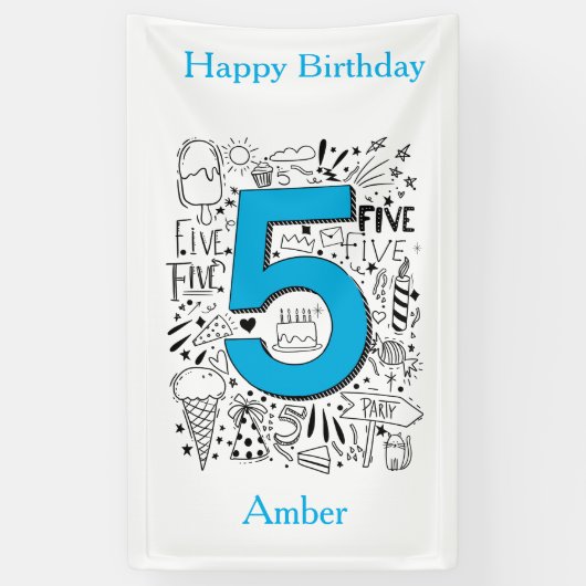 VIJF jaar 5e blauwe verjaardagskaart Spandoek (Verticaal)