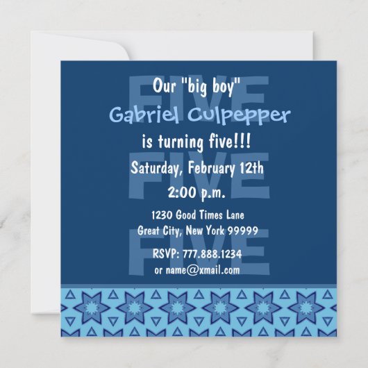 Vijf jaar oude blauwe sterren voor jongen W727 Kaart (Achterkant)