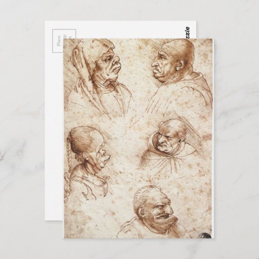 Vijf karikatuurhoofden van Leonardo da Vinci Briefkaart (Voorkant / Achterkant)