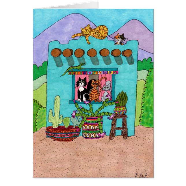 Vijf Katten bij een Aqua Adobe House (Voorkant)