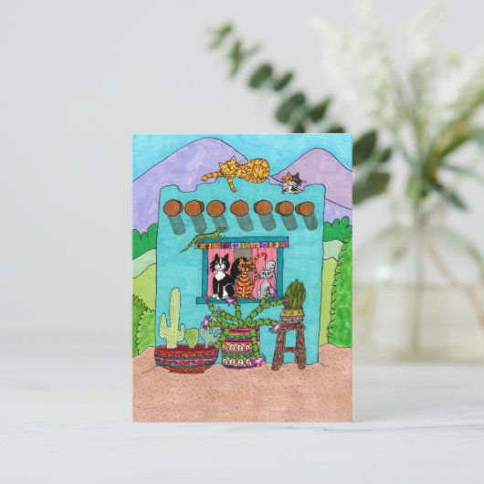 Vijf Katten bij een Aqua Adobe House Briefkaart (Staand voorkant)