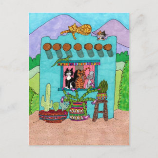 Vijf Katten bij een Aqua Adobe House Briefkaart