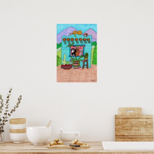 Vijf Katten bij een Aqua Adobe House Poster (Keuken)
