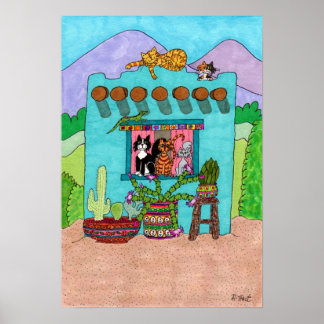 Vijf Katten bij een Aqua Adobe House Poster