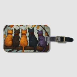 Vijf katten op een tak in glas-in-loodstijl bagagelabel