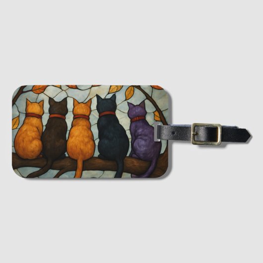 Vijf katten op een tak in glas-in-loodstijl bagagelabel (Voorkant (horizontaal))