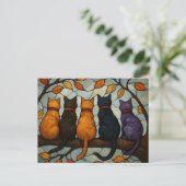 Vijf katten op een tak in glas-in-loodstijl briefkaart (Staand voorkant)