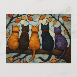 Vijf katten op een tak in glas-in-loodstijl briefkaart