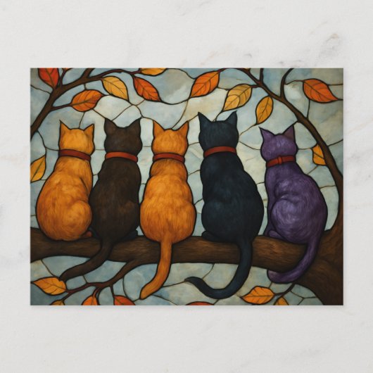 Vijf katten op een tak in glas-in-loodstijl briefkaart (Voorkant)