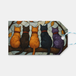 Vijf katten op een tak in glas-in-loodstijl cadeaulabel