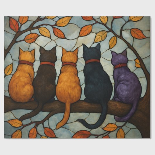 Vijf katten op een tak in glas-in-loodstijl cadeaupapier (Vlak)
