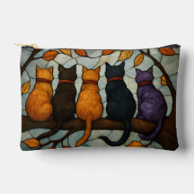 Vijf katten op een tak in glas-in-loodstijl