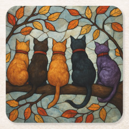 Vijf katten op een tak in glas-in-loodstijl kartonnen onderzetters