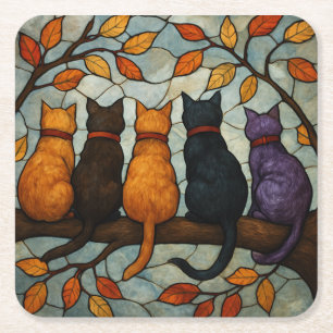 Vijf katten op een tak in glas-in-loodstijl kartonnen onderzetters
