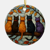 Vijf katten op een tak in glas-in-loodstijl
