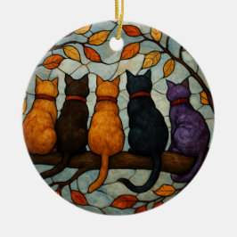 Vijf katten op een tak in glas-in-loodstijl keramisch ornament