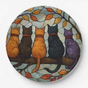 Vijf katten op een tak in glas-in-loodstijl papieren bordje