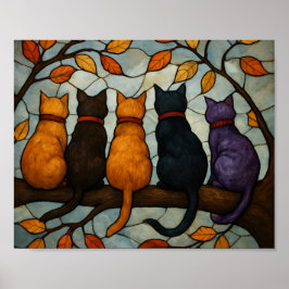 Vijf katten op een tak in glas-in-loodstijl poster